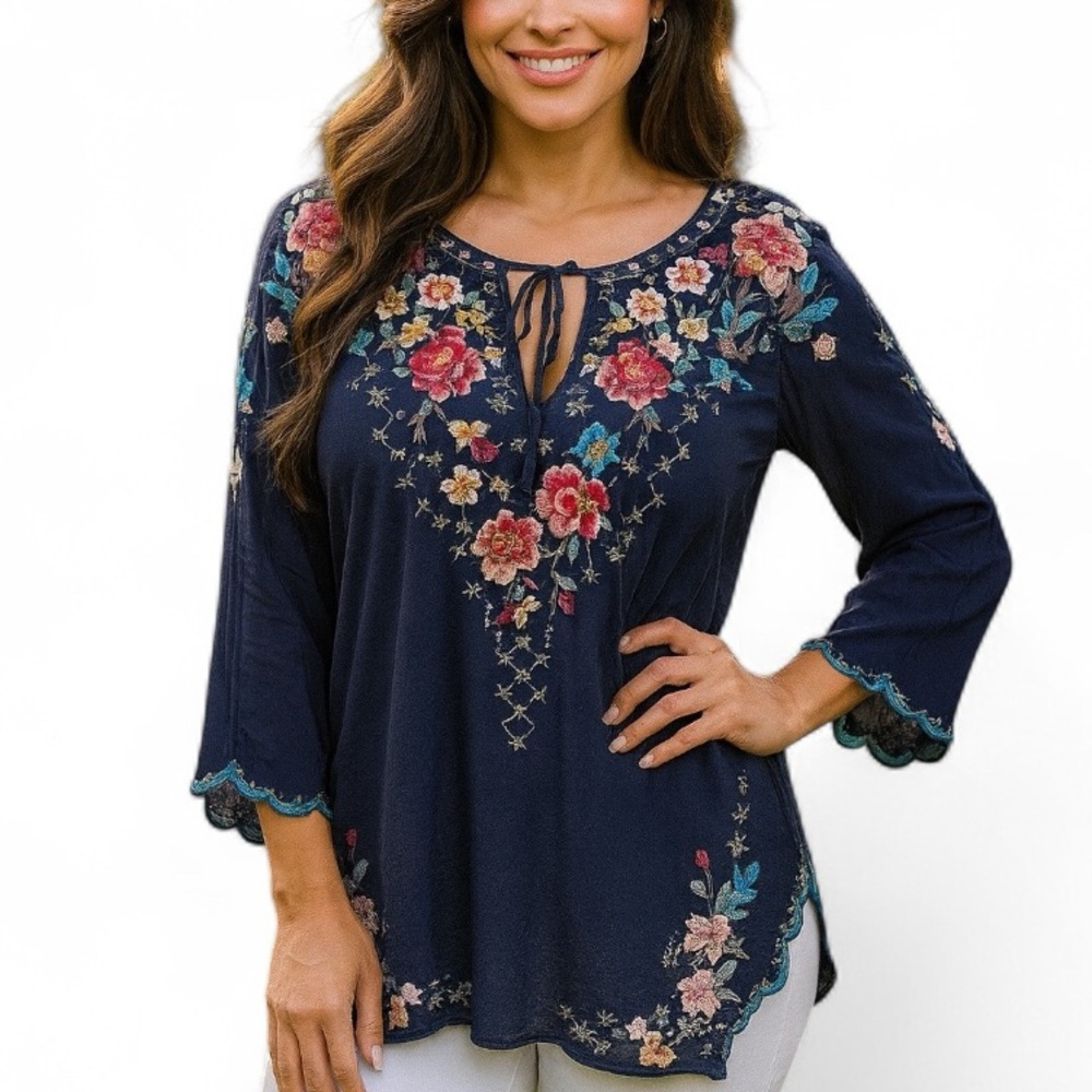 Johnny Was heavily embroidered Butterfly Winter blouse in Gravel Blue NWT